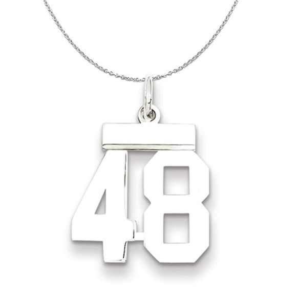 Silver, Athletic Collection Medium Polished Number 48 Necklace - 16 In - Picture 1 of 7